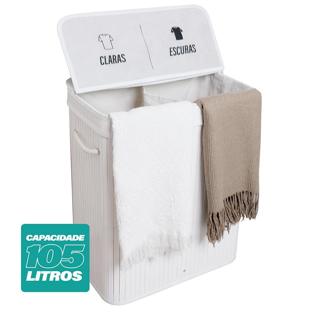 Cesto de Roupas Com Divisória Roupeiro Bambu Retangular Artiko Pratic+ Com Tampa 105L